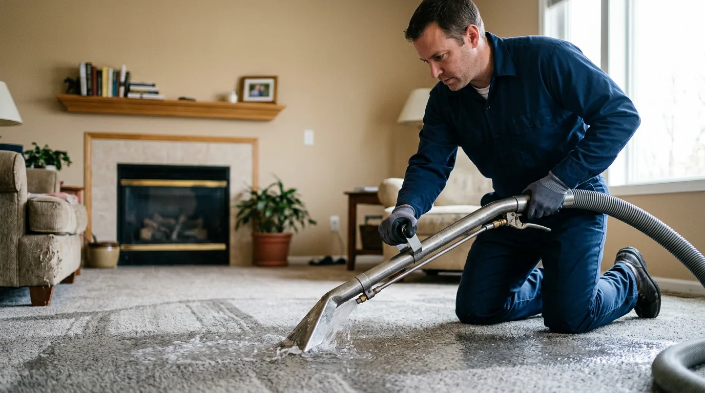 Water damage restoration technician working near Eaton, IN